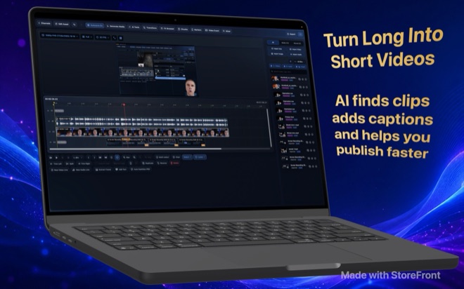 Wonek Video Studio on a MacBook: the multi-track timeline with a talking-head recording, screen recordings and the media bin.